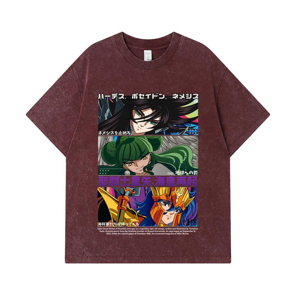 275 GSM Washed T-shirts 100% Cotton Saint Seiya V3 Rerise of Poseidon Print Unisex Heavy Cotton T Shirt