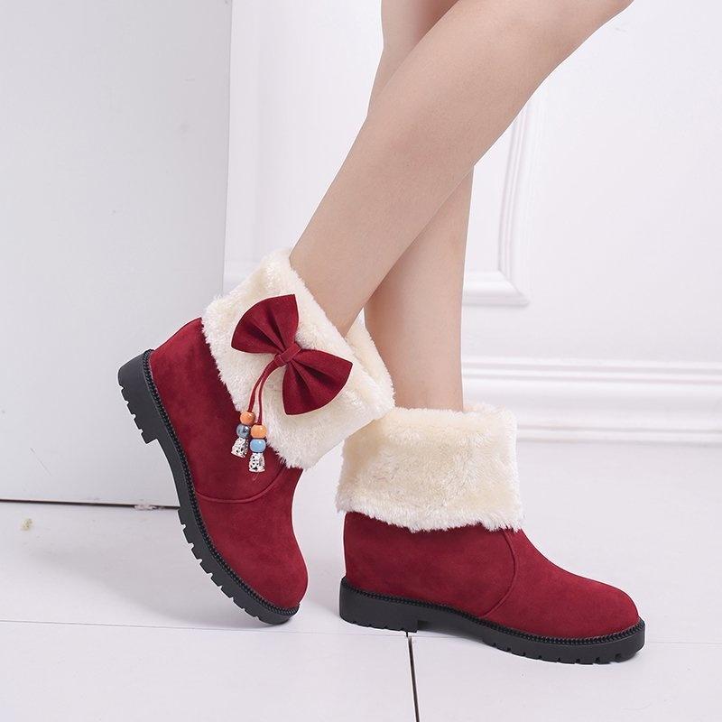 Winter Solid Color Square Heel Fashionable Warm Comfortable Snow Boots Elegant Bow Decoration New Casual Short Boots Botas Mujer