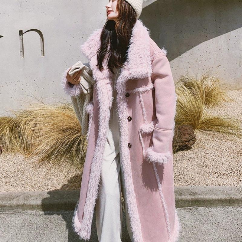 Pink Fur Integrated Coat for Women's Autumn and Winter New Long Thickened Wool Cotton Clothes