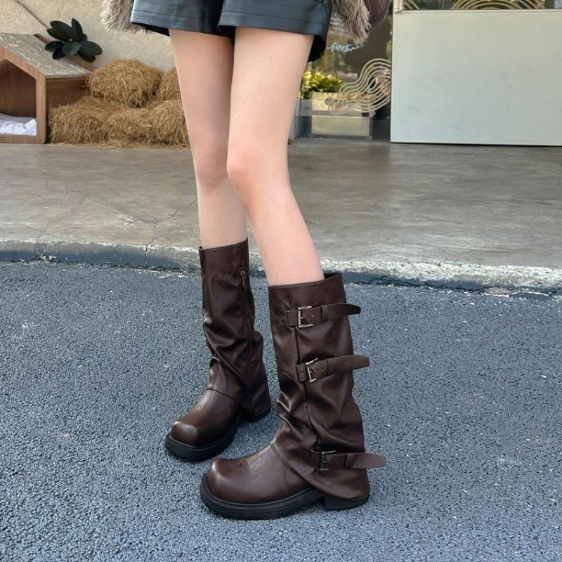 thick-soled thick-heeled medium tube pants tube boots women's new autumn western cowboy slim big tube circumference high tube Martin boots