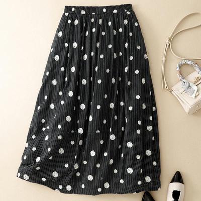 2026 Women's Quilted Polka Dot A-line Skirt - Black Cotton Linen, Thickened for Autumn/Winter