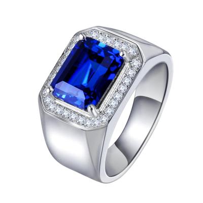 Elegant Men's Open Ring In Silver-Plated Platinum with Temperament Blue Corundum and Tanzanite