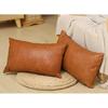 (Pack of 2) Tan Leather Lumbar Cushion Cover: Genuine Cowhide Pillow Gift For Her Him Birthday Anniversary