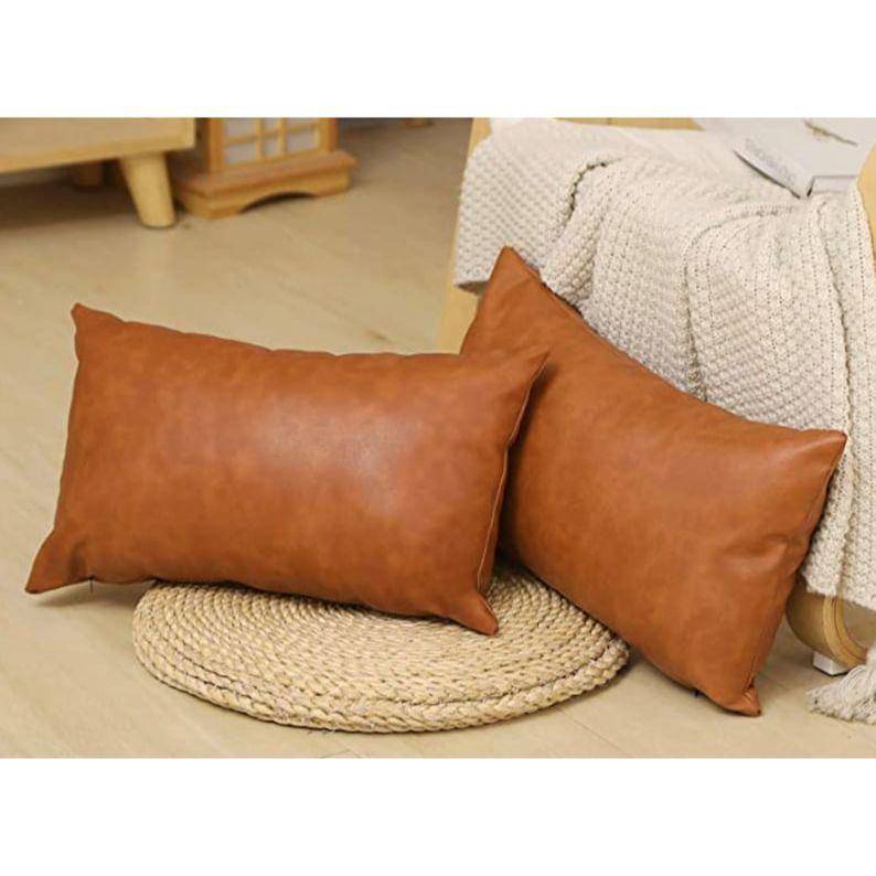 Pack of 2 Tan Leather Lumbar Cushion Cover Genuine Cowhide Pillow Gift For Her Him Birthday Anniversary 11 x 19 in 21969₽
