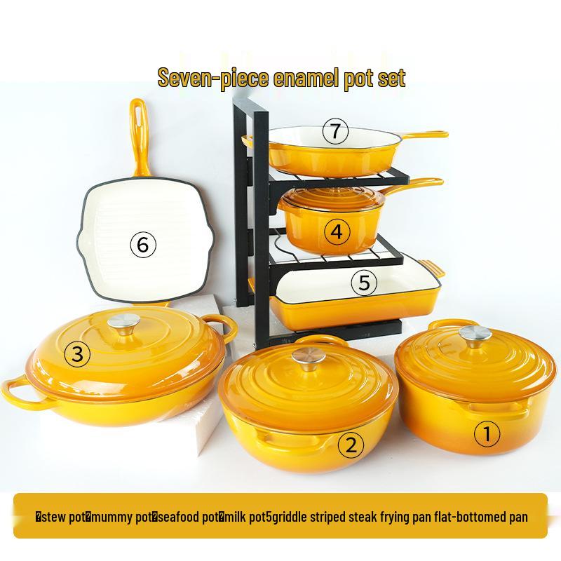 Seven-Piece Cast Iron Enamel Cookware Set: Includes Frying Pan, Flat-Bottom Pot, Stew Pot, Seafood Pot, and Mommy Pot