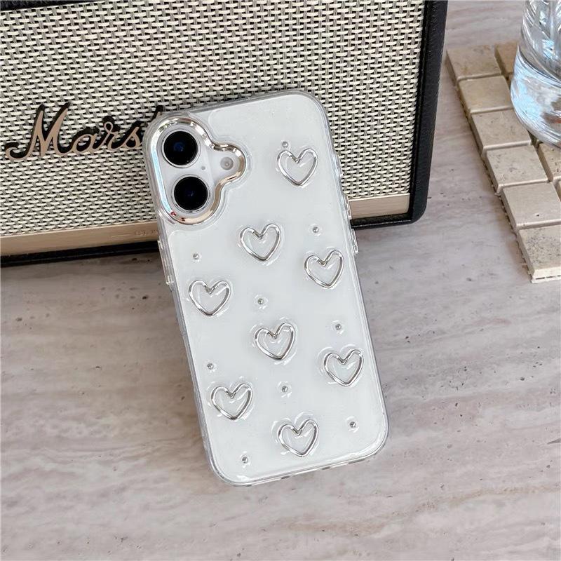 Hollow Love Phone Case For iPhone17promax Beads Decorated 14 Transparent For Apple 15 Soft Case