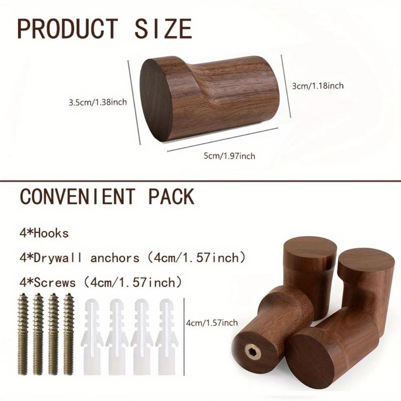 1Pc Walnut Wooden Wall Hooks Non-slip Hook For Coats Bags Hats Key Hanger With Screws Kitchen Bathroom Decor Organizer Hooks