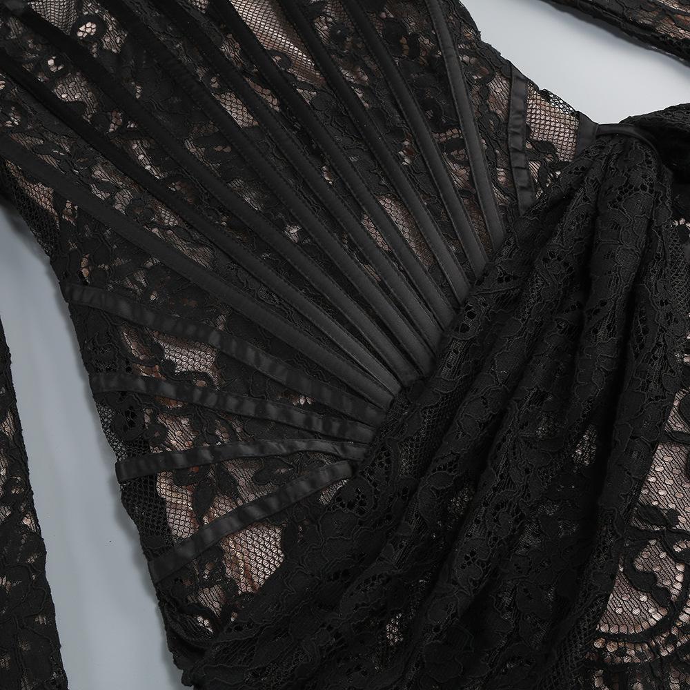 Europäisches & Amerikanisches Sexy Spitzen-Netz-Kleid mit Fischbein-Taillenformer – Langärmlig, Herbst/Winter Kurzer Rock