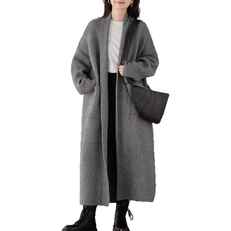 Autumn and winter new solid color commuting simple knitted cardigan women's loose lazy style long sweater jacket