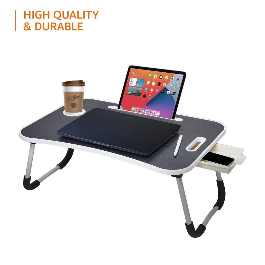Engineered Wood Foldable Laptop Table with Cup Holder, Tablet Groove and Mini Drawer