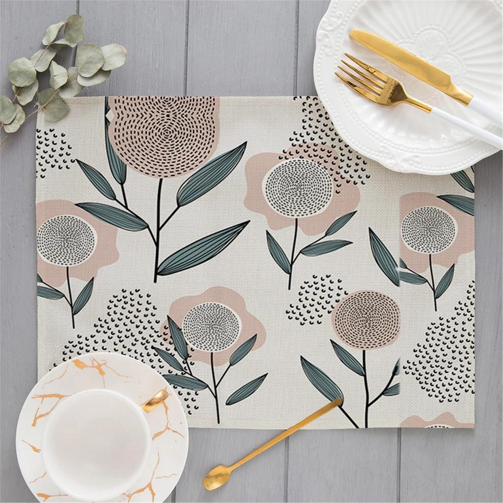 Morandi Floral Sunflower Printing Linen Placemat for Dining Table Drink Coaster Home Decoration Modern Kitchen Cup Pads