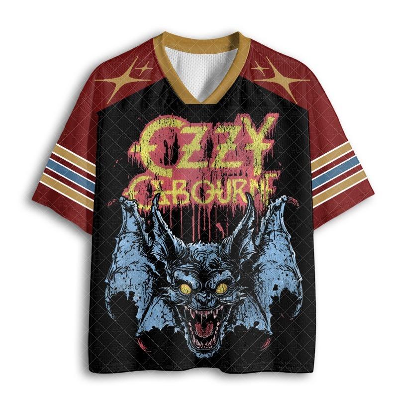 V Neck Mesh Football Jersey Vintage Horror Bat Distressed Rock Letter Print Burgundy Gold Multi Striped Sleeve Loose Sport Tee