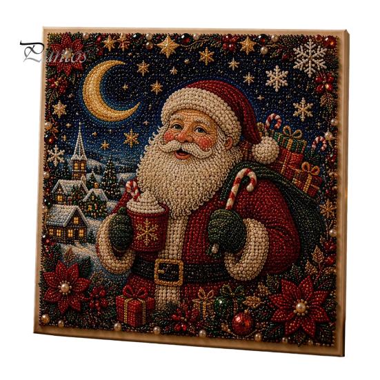 Seasonal DIY Art Supplies Xmas Faux Pearl Kit, Santa Claus Reindeer Painting Calming Hands On Hobbies Sparkling 3D Festive Wall Craft Kit for Adults,