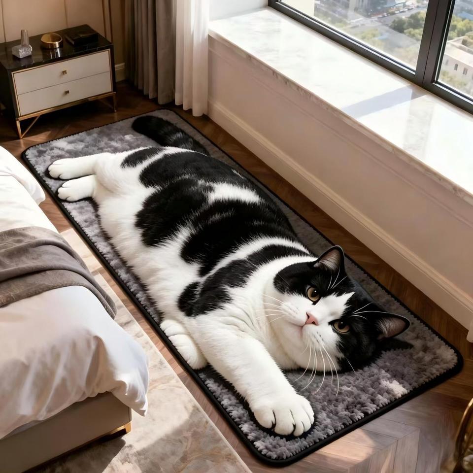 3D Realistic Cat Shaped Rug Soft Fluffy Bedside Runner Non-slip Floor Mat Absorbent Washable Plush Carpet For Bedroom Bathroom