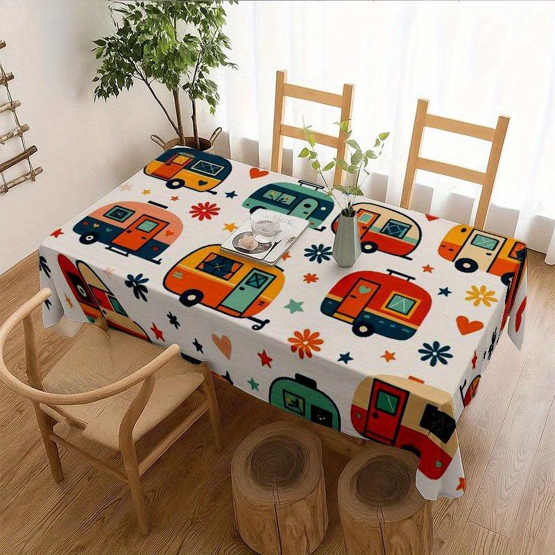 Camper Pattern Tablecloth for Table Waterproof Rectangle Reusable Color Ful Cartoon Table Cover for Holidays Indoor Outdoor