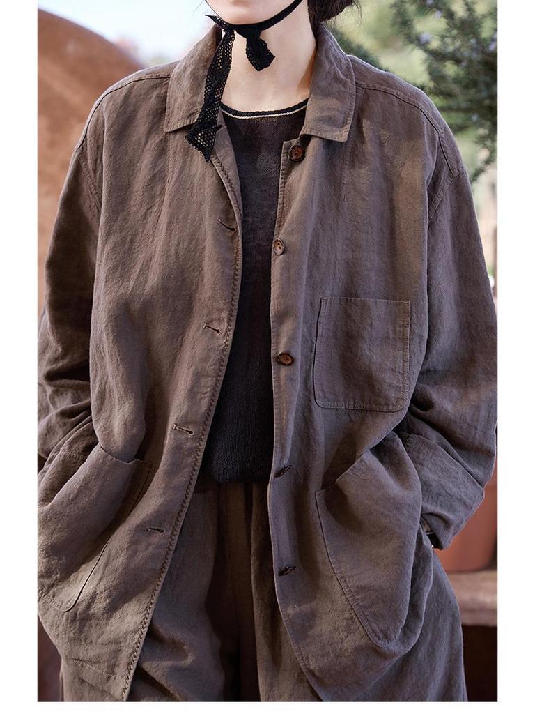 Spring Summer Retro Women's Tea Brown Linen Plus Size Slimming Loose Lapel Shirt Outerwear
