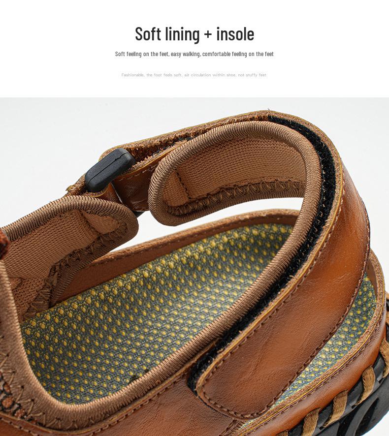 Men's Handmade Velcro Cowhide Mesh Beach Sandals - Summer Casual Breathable Outdoor Shoes