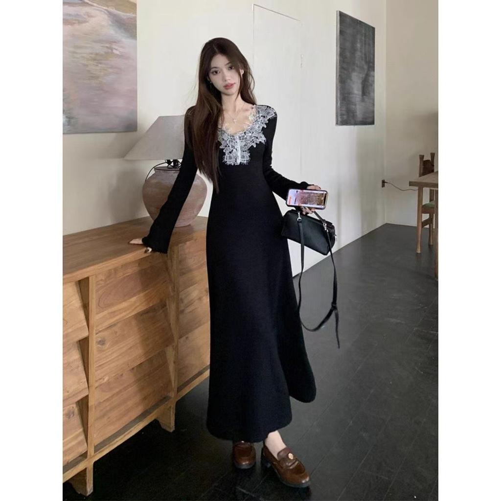French small fragrance Hepburn style black v-neck dress children's early autumn wear new high-end inner long dress