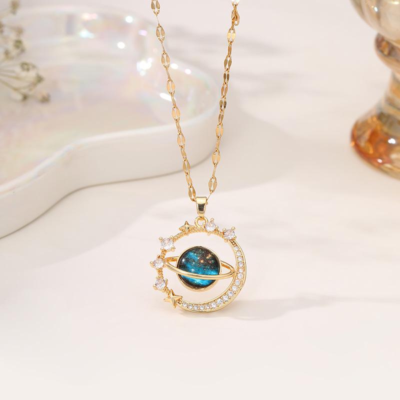 Colier de lux cu stele din zirconiu ușor pentru femei, culoare aurie, planeta, luna, astronaut, pandantiv, coliere, cravată, bijuterii, cadouri