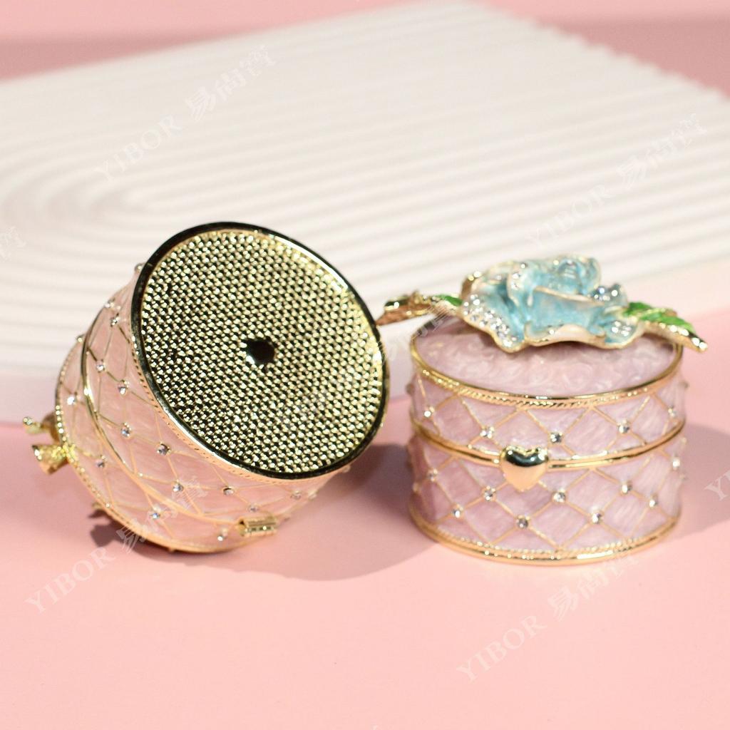 Enamel Rose Flower Jewelry Box, Alloy Light Luxury Ring Holder, Fashion Handicraft Storage Box for Earrings & Necklaces