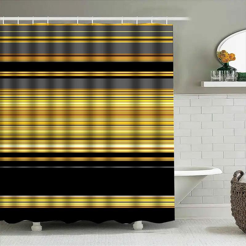Modern Bathroom Decor Shower Curtain with Golden Stripes 3D Printed Waterproof Fabric Customizable Size for Home Bathing Room De