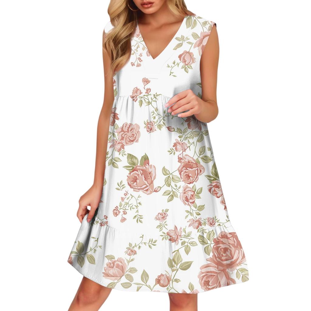 Women's Casual Fashion Breathable V-neck Vest With Pockets Floral Holiday Dress