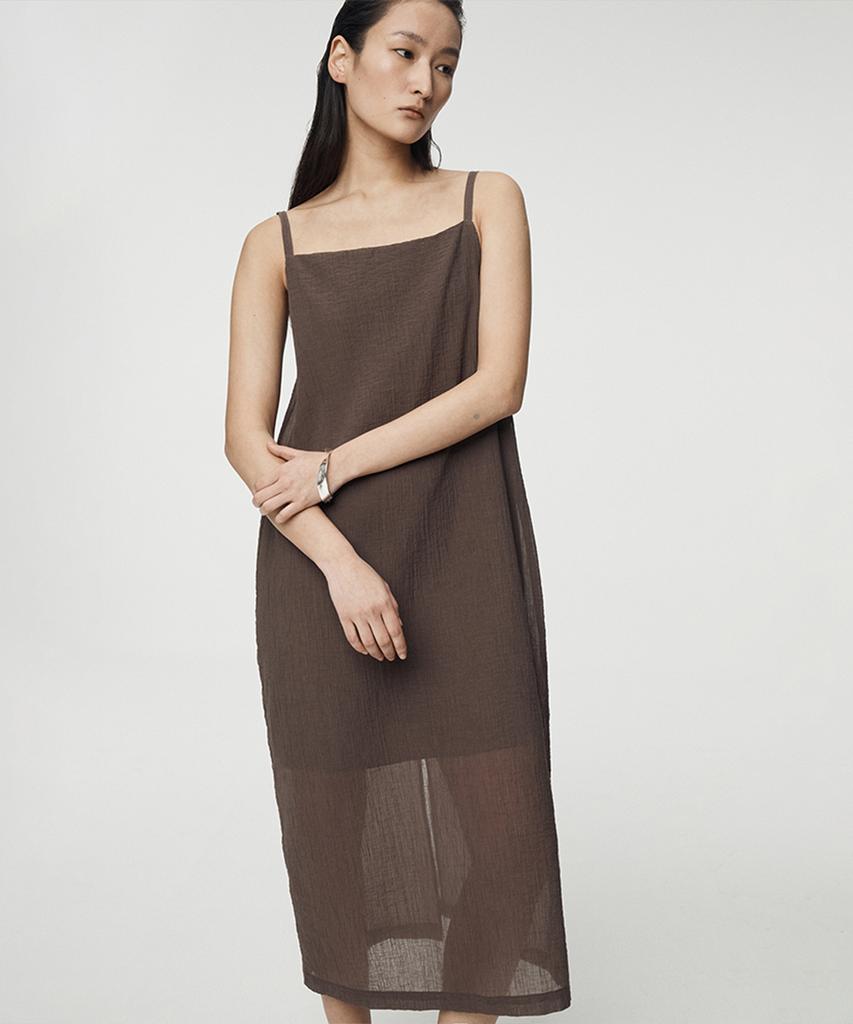 Umamung Crinkled Cotton Barrel Silhouette Dresses_Brown