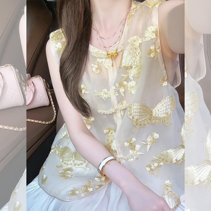 

2025 летний жилет жилет топ вышитая майка без рукавов женский летний люкс M (under 50kg recommended)