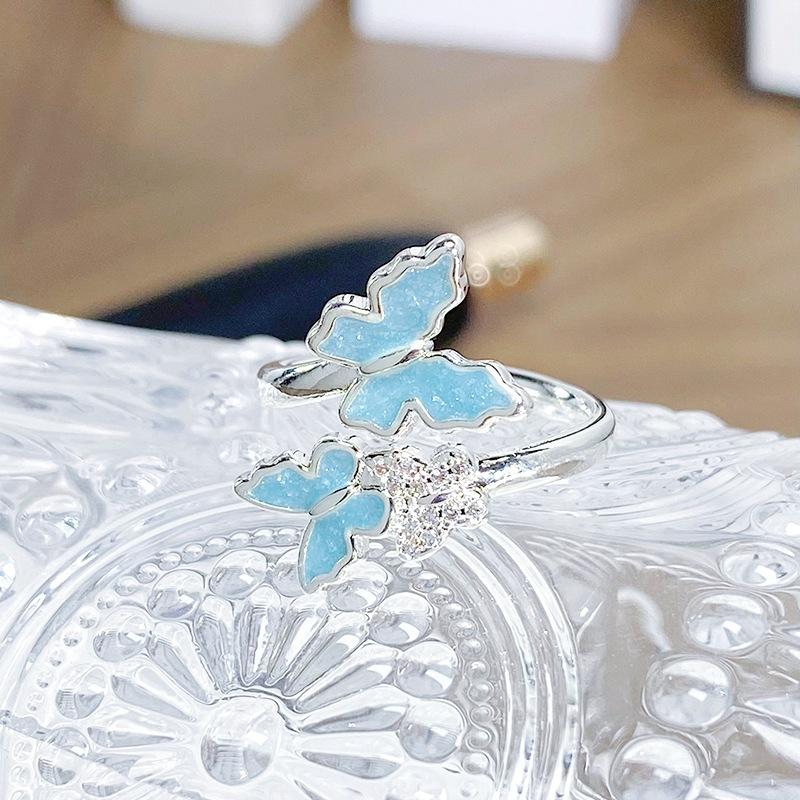 Small Fresh And Cool Butterfly Blue Enamel Dripping Oil Opening Ring Niche Light Luxury High-End Feeling Stacked Ring Woman