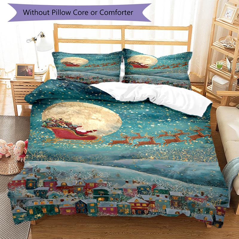 3pcs Christmas Santa Claus Bedding Set Duvet Cover Closure Includes 1 Duvet Cover & 2 Pillowcases, Soft and Comfortable for All Seasons.
