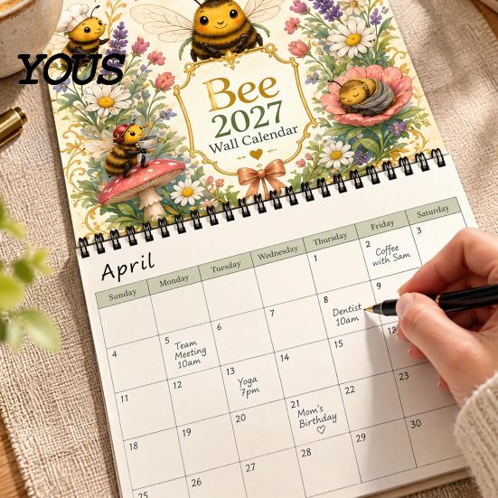 Office Schedule Planning Tool 2027 Bee Themed Desktop Calendar, Spiral Binding And Thickened Cute Illustration Stationery Paper Planner, Decorative