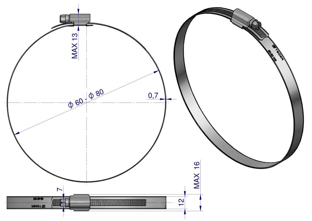 Opaska Zaciskowa Wzmocniona 60-80 Ślimakowa (Obejma W2 - Stal Nierdzewna) Szerkość 12Mm Teger ( Sprzedawane Po 25 )