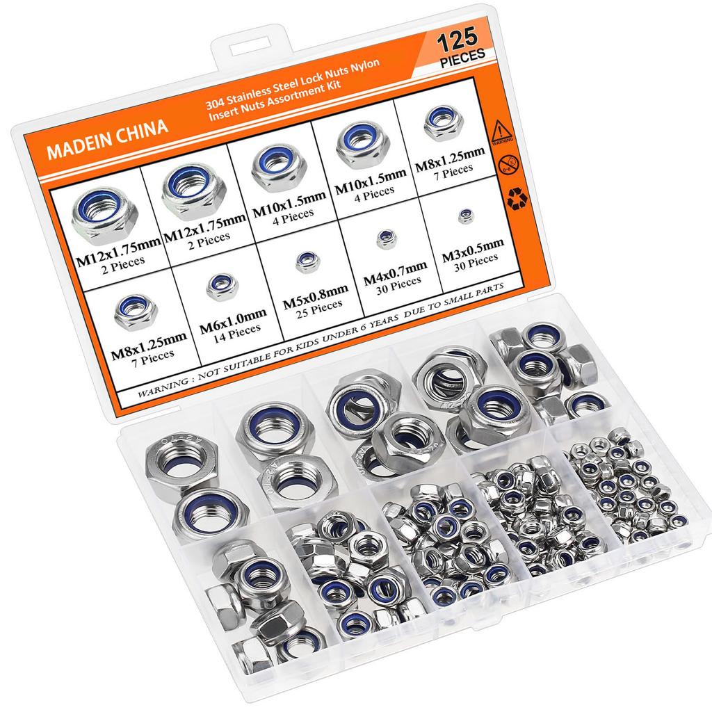 125Pcs Non-metallic Insert Hexagonal Lock Nut Set Lenny Anti-loose Nozzle Lock Nut Box M3M4-M12