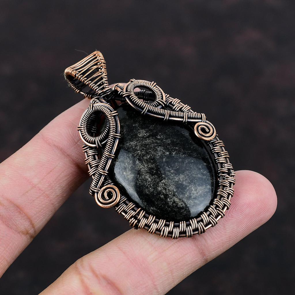 Stříbrný lesk Obsidiánový přívěsek měděný drát omotaný přívěsek Unikátní měděný design šperků Ručně vyrobený přívěsek z drahokamů Svatební dárek drátěný šperk