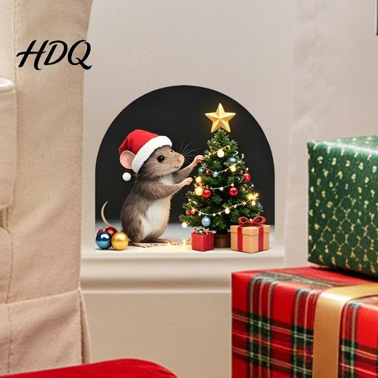 Seasonal Wall Decoration for Home Christmas Mouse Sticker PVC Waterproof Hole Decal Peel Winter Art And Stick Decor Holiday Party Festive