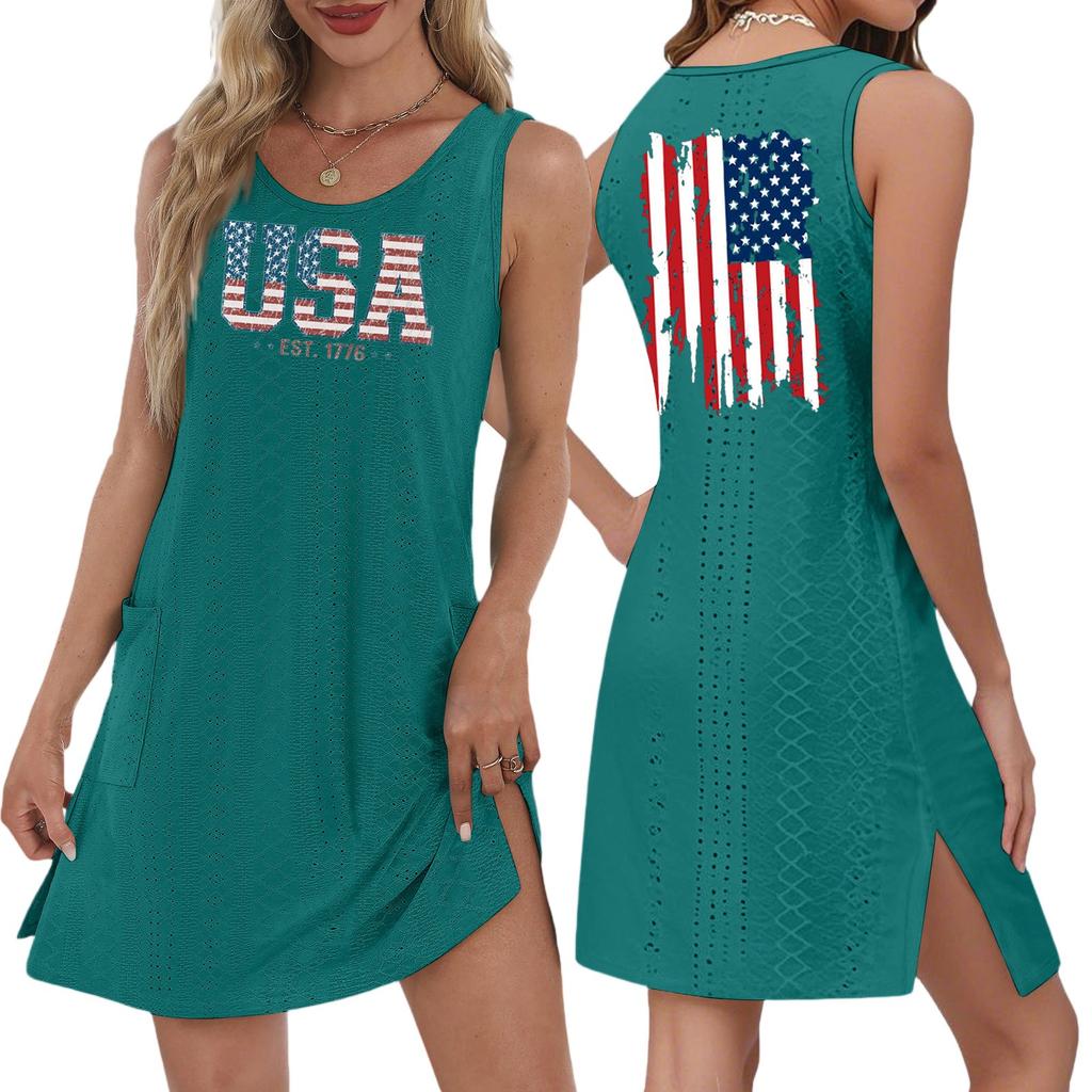 Women's Casual Fashion Breathable Independence Day Printed Pocket Hem Slit Vest Dress