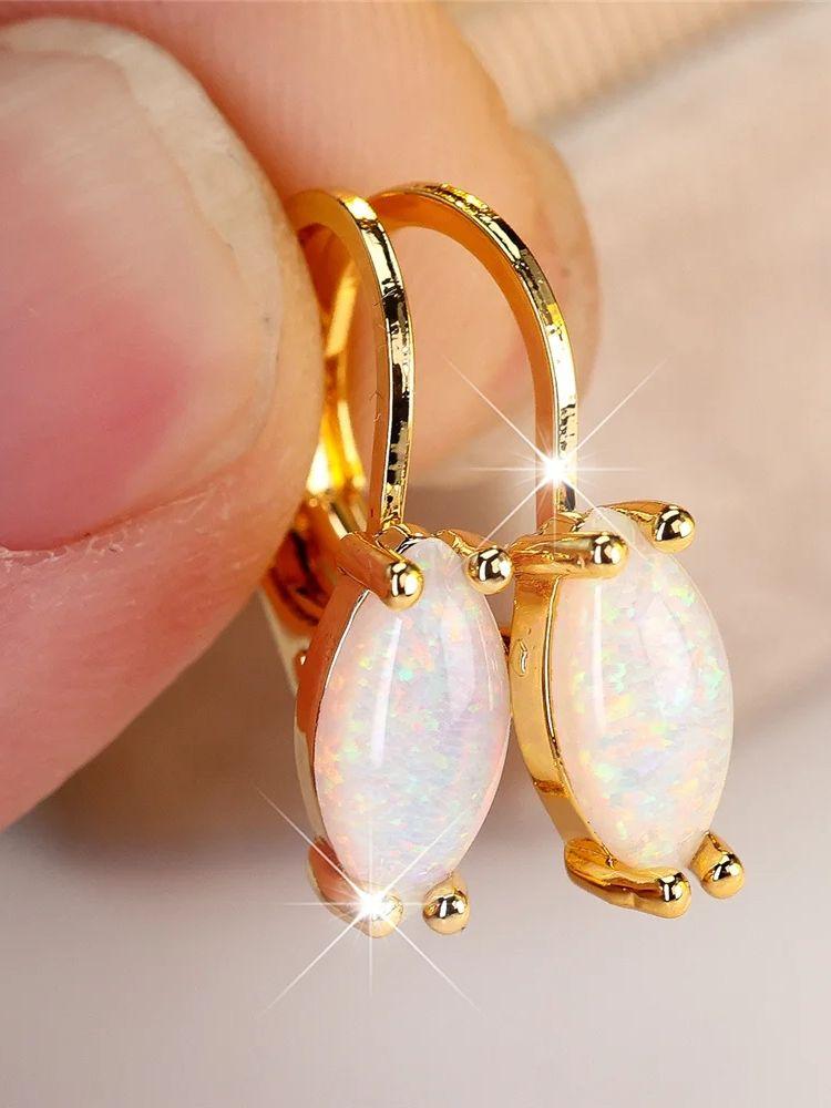 Luxury Blue Pink White  Opal Oval Stone Hoop Earrings For Women Vintage Female Fashion Silver Gold Color Wedding