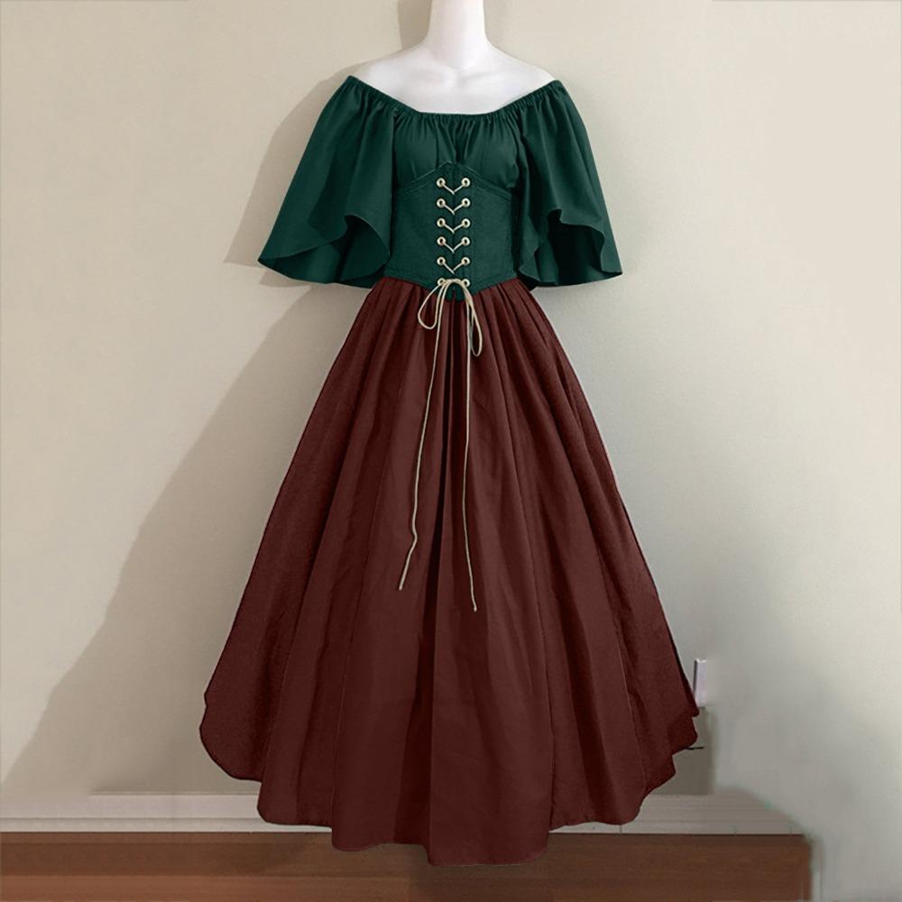Women's Off‑Shoulder Half Sleeve Maxi Dress Loose Fit High Waist Vintage Renaissance Medieval Gown