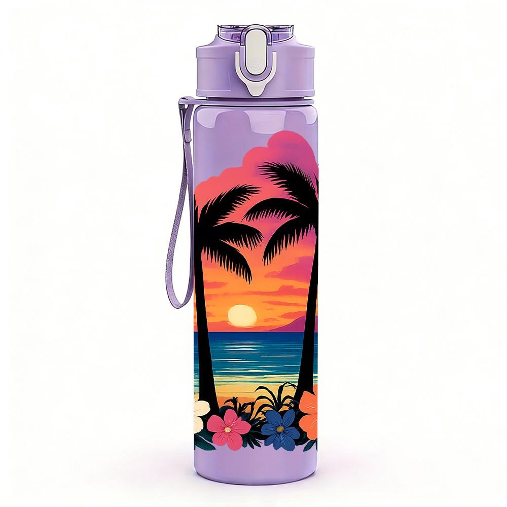 1PC Palm Tree Sunset Beach Pattern 750ml Color Plastic Sports Water Bottle Leakproof Flip Straw Lid Suitable for Sports Office Home Use