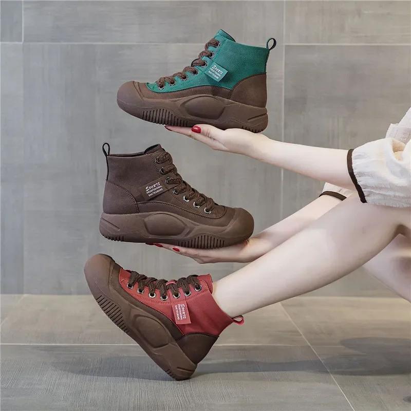 Dámské kotníkové boty Zimní Nové šněrovací Pravá kůže Kulatá špička Ležérní Silná podrážka Protiskluzové Dámské plyšové boty De Mujer