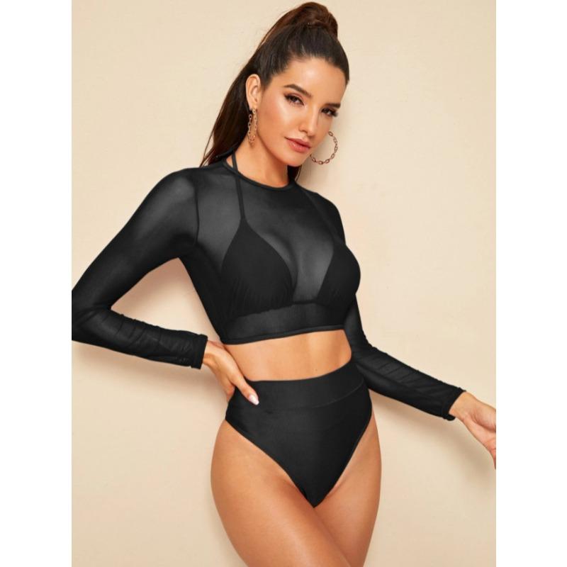 

Блузка с длинным рукавом, сетчатый купальник бикини, раздельный купальник-трикини с завышенной талией и треугольным верхом XL чёрный