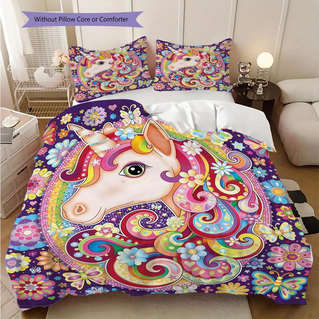 Unicorn Art Portrait Bedding, Duvet Cover, Pillowcase, Home Decoration, Birthday Gift (1 * Duvet Cover+2 * Pillowcase, Coreless)