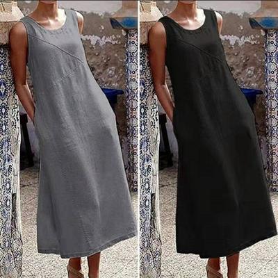 Vestido nuevo de verano para mujer, vestido informal holgado de lino y algodón, sin mangas