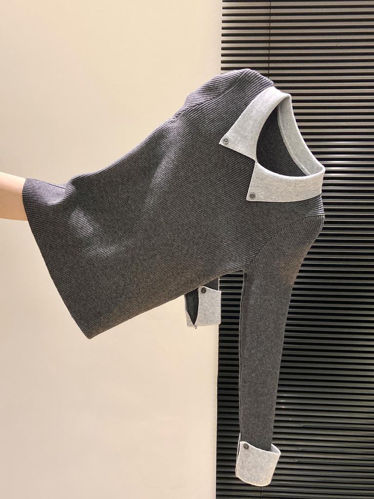 Temperament Contrasting Color Knitted Sweater Women's Autumn and Winter Niche Chic Olo Lapel Inside Sweater Backing Top