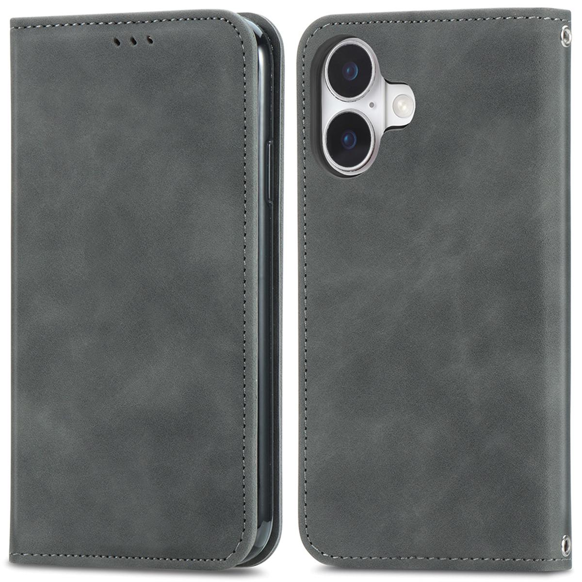

For iPhone 16 Case Skin Touch Feeling Leather Card Holder Phone Cover Magnetic Absorption Grey
