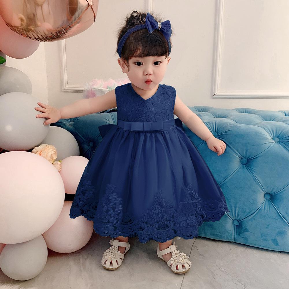 Children's Lace Color Block Birthday Bow Dress