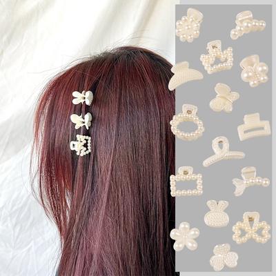 Weiße Mini-Haarkralle mit Perlen, für Damen und Mädchen, Kunststoff, geometrische Blume, Krabbenkralle, Clip, kleine Haarnadeln, Haarkrabbe, Mädchen, Haarkrallen, Werkzeuge