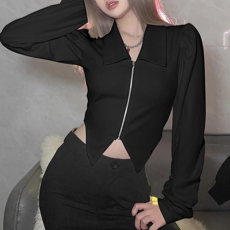 Evropský a americký styl jaro a podzim dámský jednobarevný slim střih s odhaleným pupíkem Módní klopa, zip, dlouhý rukáv
