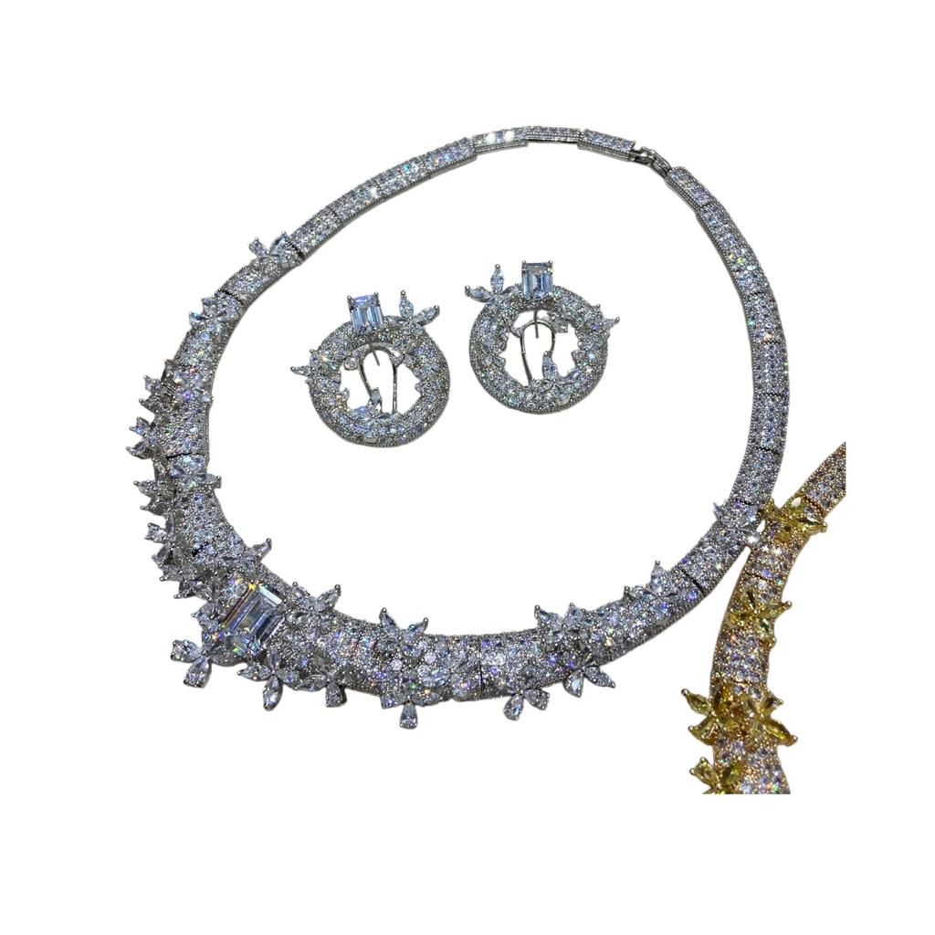 Luxury Heavy Industry Micro-Set Zircon Necklace Ear Buckle Set Bridal Dinner Host Short Play Stage Jewelry