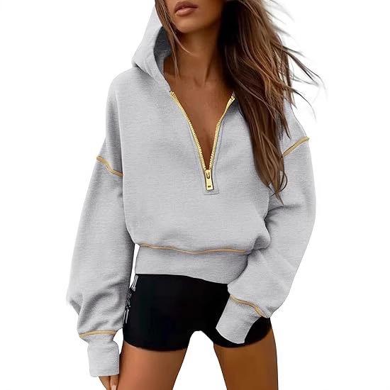 Women's Cropped Hooded Sweatshirt - Long Sleeve Half Zip Hoodie, Winter Fashion